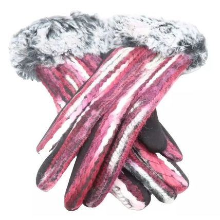 Ladies Gloves Stripy Black, Red & Pink Faux Fur Trim Accessory 26.5 CM Accessory