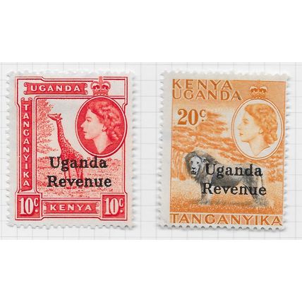 KUT 1954 SG108 SG170 UGANDA REVENUE x2 STAMPS 20c LION 10c GIRAFFE MINT MH NG
