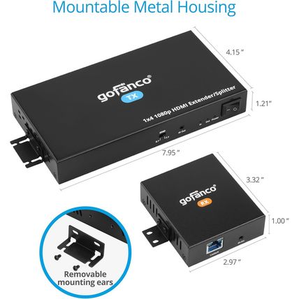 Gofanco 1080P 1X4 HDMI Extender Splitter over Cat5E/6/7 Ethernet Cable - up to 1