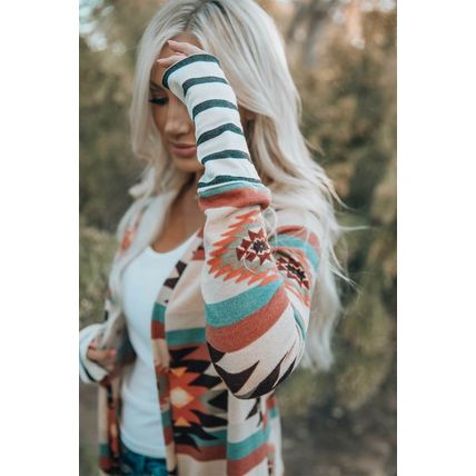 Multicolor Geometric Color Block Open Front Long Cardigan