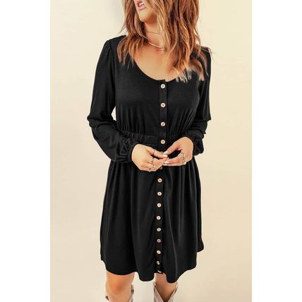 Black Button Up High Waist Long Sleeve Dress