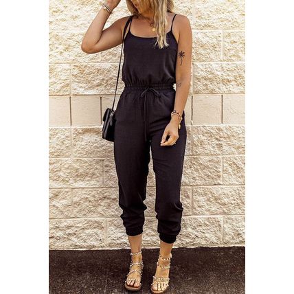 Black Drawstring Waist Spaghetti Straps Jumpsuit