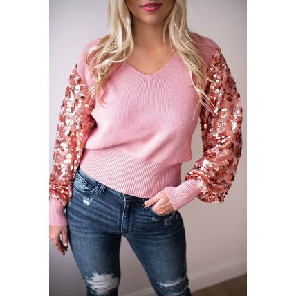 Pink Contrast Sequin Sleeve V Neck Ribbed Knit Sweater
