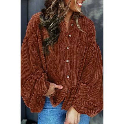 Coffee Textured Corduroy Puff Sleeve Shacket