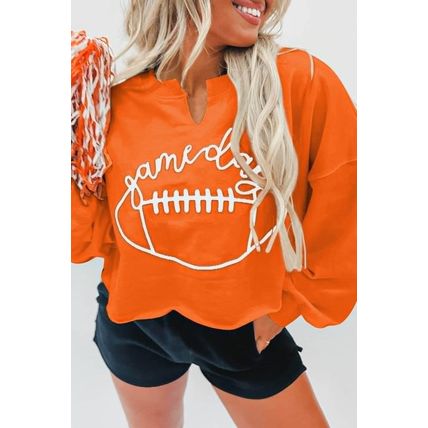 Orange Game Day Lettering Rugby Notched Neck Sweatshirt