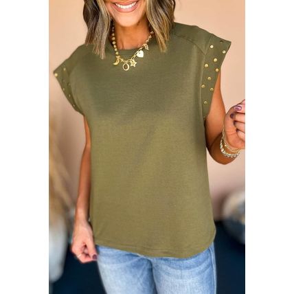 Guacamole Green Studded Short Sleeve Top