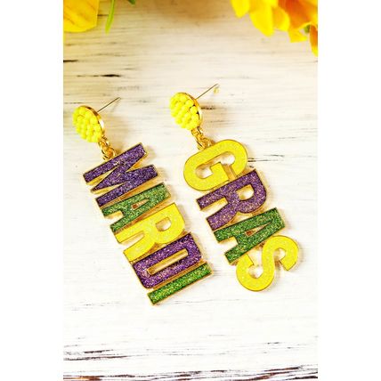 Yellow MARDI GRAS Shiny Letter Pendant Earrings