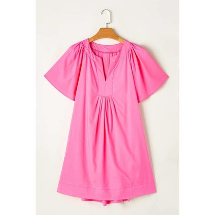 Bonbon Split V Neck Short Flutter Sleeve Pleated Shift Dress