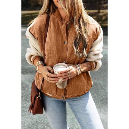 Buckskin Corduroy Fleece Patchwork Buttoned Bomber Jacket