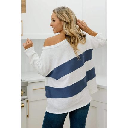 Sail Blue Colorblock Striped Patchwork Raw Seamed Sweatshirt