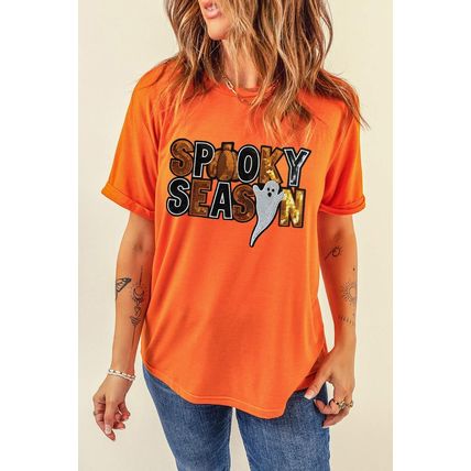 Orange Sequin SPOOKY SEASON Ghost Pattern Halloween T Shirt