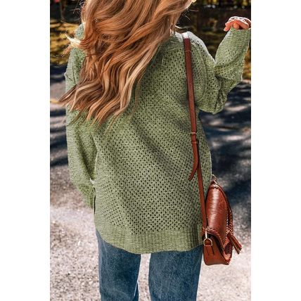 Jungle Green Loose Eyelet V Neck Drop Shoulder Sweater