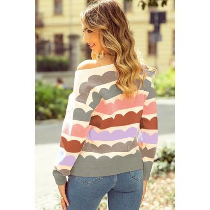 Gray Wave Striped Balloon Sleeve Drop Shoulder Sweater