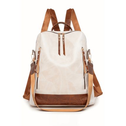 White Multi Compartment Zipper PU Leather Large Capacity Backpack
