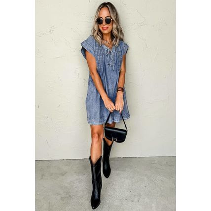 Beau Blue Tie V Neck Tucking Detail Short Sleeve Denim Shift Dress