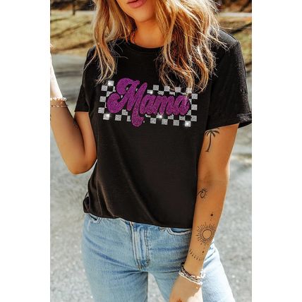 Black Rhinestone Mama Letter Graphic T Shirt
