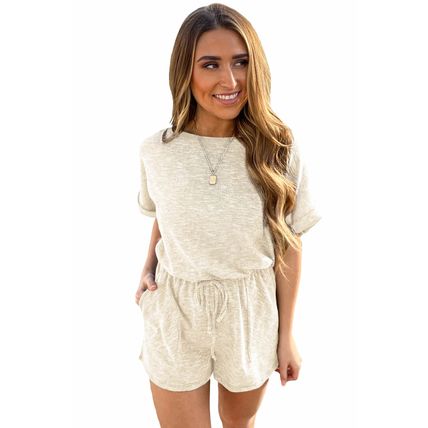 Beige Ribbed Elastic Waist Romper