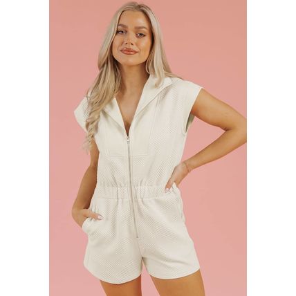 Jet Stream Textured Zipped Front V Neck Collared Casual Romper