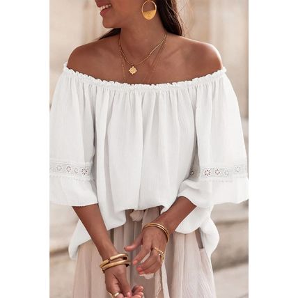 White Frilly Off Shoulder Lace Insert Sleeve Textured Blouse