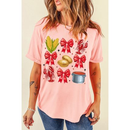 Pink Summer Food Bow Crawfish Printed T Shirt