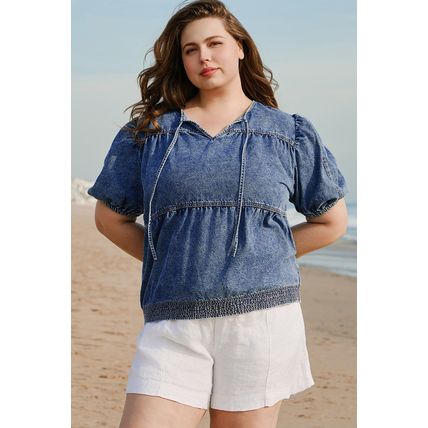 Sail Blue Plus Drawstring V Neck Puff Sleeve Denim Blouse