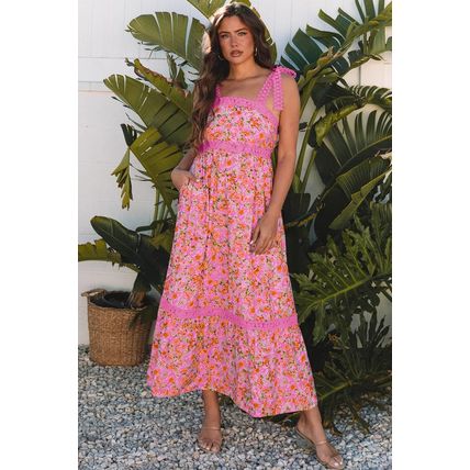 Rose Floral Lace Tied Strap Empire Waist Maxi Dress