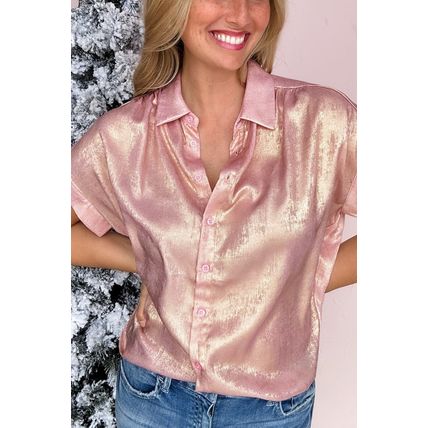 Delicacy Metallic Buttoned Loose Fit Short Sleeve Shirt