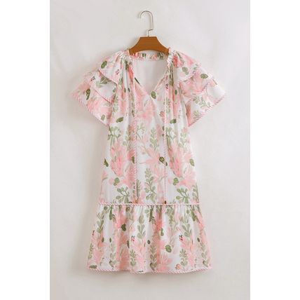 Pink Floral Contrast Edge Layered Short Sleeve Mini Dress