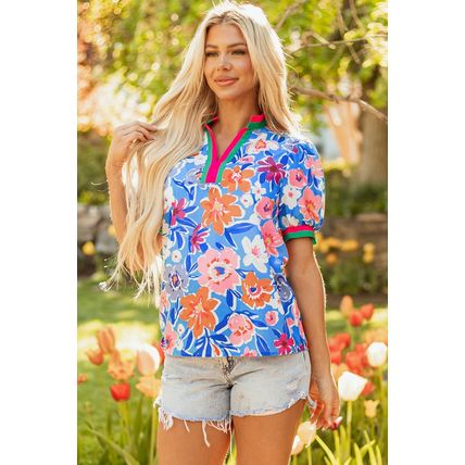 Sky Blue Floral Colorblock Edge Puff Sleeve Split Neck Blouse
