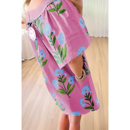 Rose Floral Short Sleeve Split Neck Loose Mini Dress