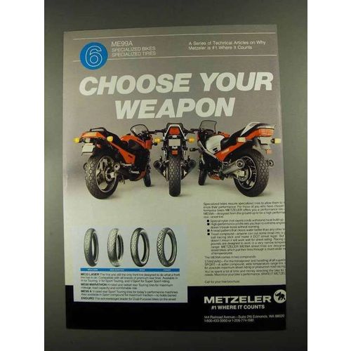 1987 Metzeler Tire Ad - ME33 Laser, ME88 Marathon