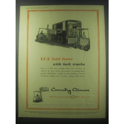 1954 Coventry Climax Fork Trucks Ad - I.C.I. load faster with fork trucks