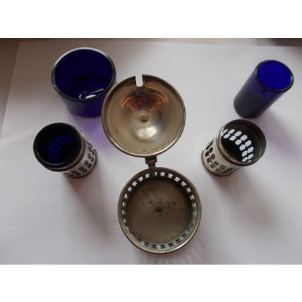 CONDIMENT SET WITH BLUE GLASS LINER / CHURCH STYLE