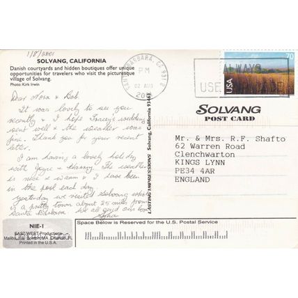 Solvang California United States Postcard 2001 used VGC