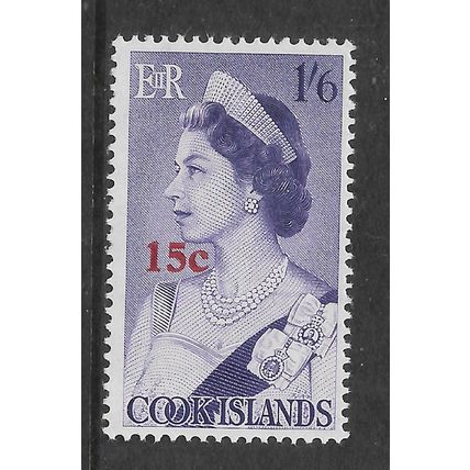 COOK ISLANDS 1967 15c on 1s.6d QUEEN ELIZABETH II BLUISH VIOLET SG215 M MINT