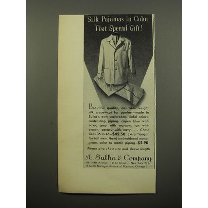 1950 A. Sulka Silk Pajamas Ad - Silk Pajamas in Color that special gift
