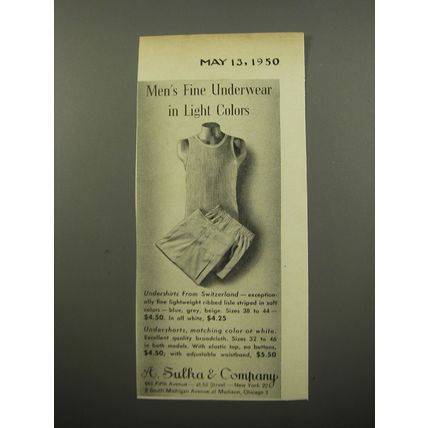 1950 A. Sulka Undershirts and Undershorts Advertisement