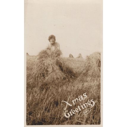Christmas Greetings Farming Lady Farmer Gathering Hay RPC Postcard