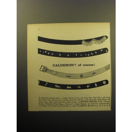 1957 Calderon Belts Ad - Zodiac Fortune Coins; Time Flies; Sports Cars; 80 Days