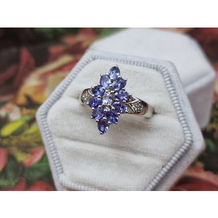 Natural Tanzanite Zircon Rhombus Cluster Ring Sz P½ Platinum Overlay 925 Silver