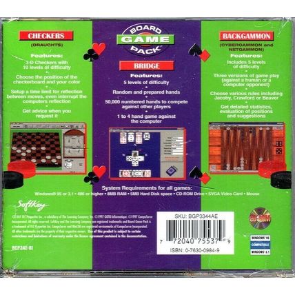 BOARD GAME PACK (PC-CD, 1997) for Windows 3.1/95/98/Me/XP - NEW CD in SLEEVE