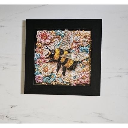 Completed Diamond Art Bee Picture with Wooden Black Frame Size 32cm by 32cm