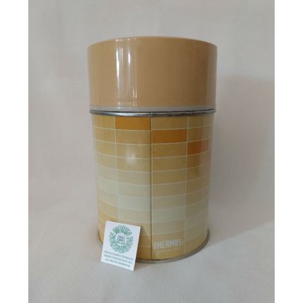 VINTAGE 1970s KING-SEELEY YELLOW GEOMETRIC PATTERN SOUP THERMOS w LID & STOPPER