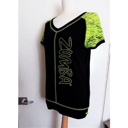 Zumba short sleeved V neck Tee Top Black multi XS UK 8