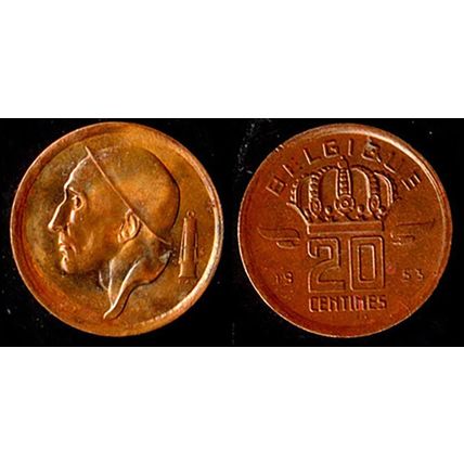 Belgium Twenty Cents 1953 Used Coin 20c King Baudouin I