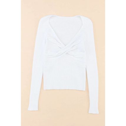 White Cable Crossed V Neck Sweater