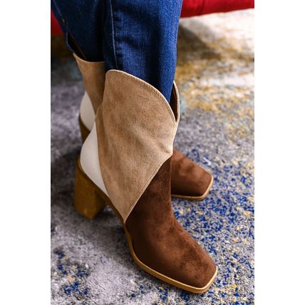 Chestnut Colorblock Suede Heeled Ankle Booties