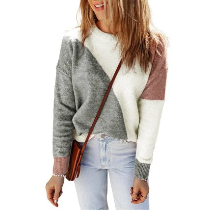 Gray Colorblock Ribbed Trim Round Neck Sweater