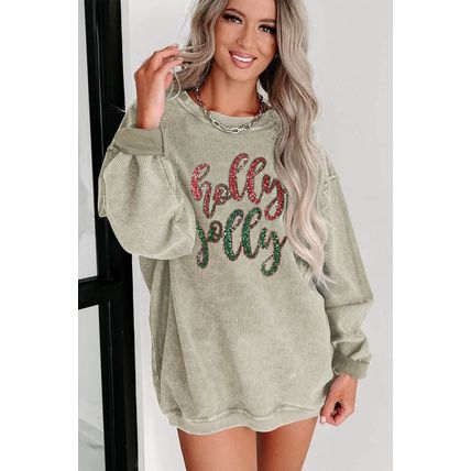 Green Sequined holly jolly Graphic Corded Sweatshirt