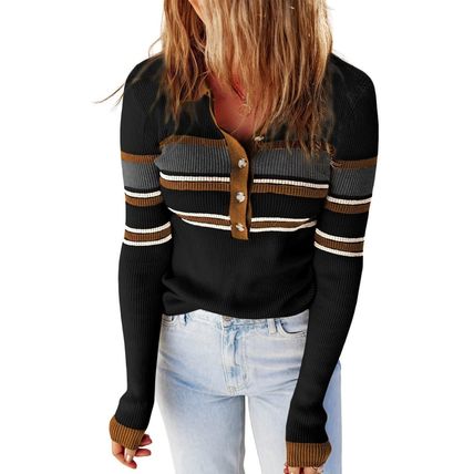 Black Rib Knitted Stripe Detail Henley Sweater